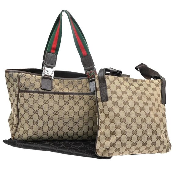 GUCCI Logo Sherry GG Pattern 2set Hand Bag Canvas Leather Brown Italy 32AA107 - Picture 2 of 8